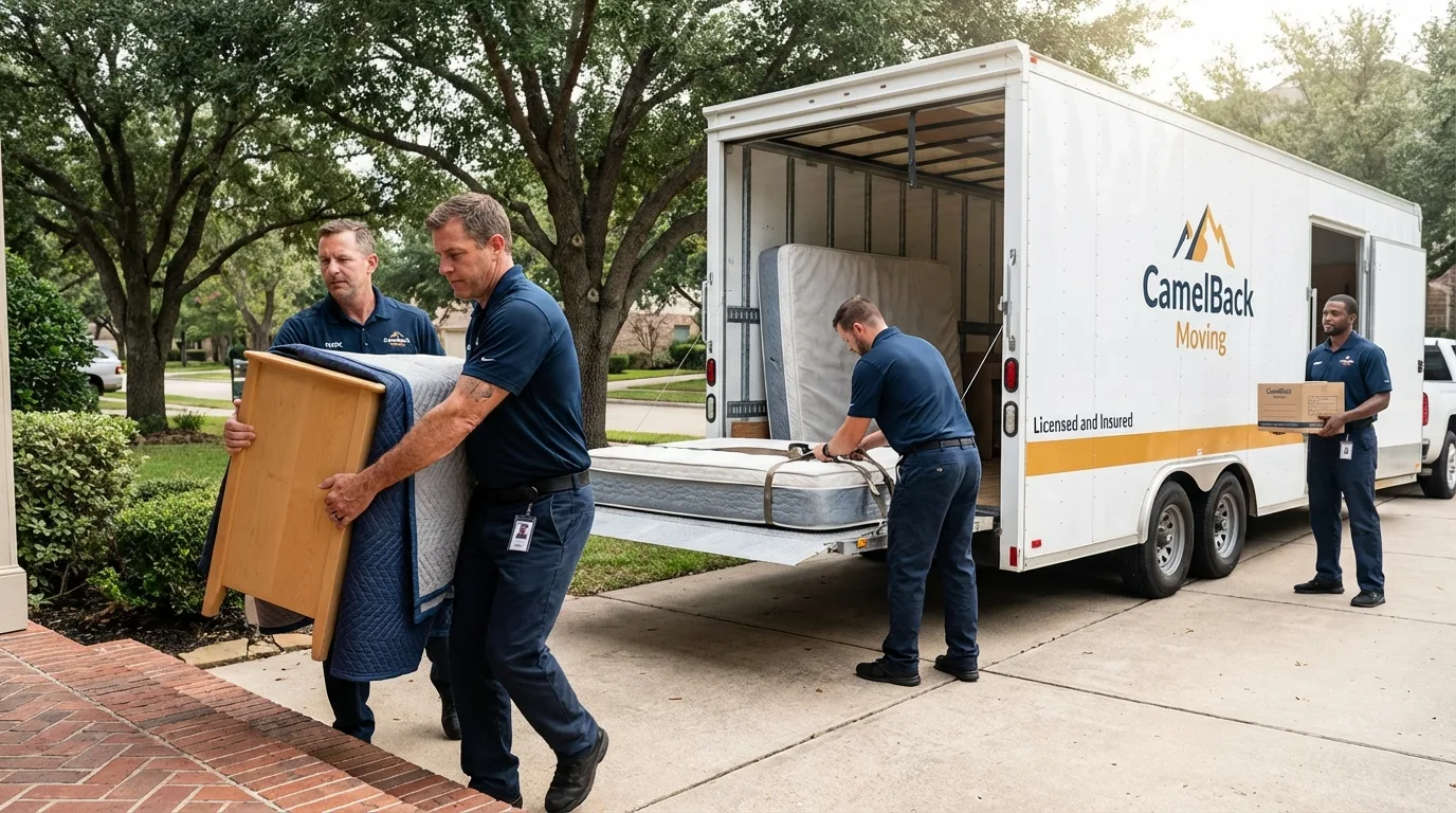 Crew loading residential truck for cross-state move from Conrad, MT