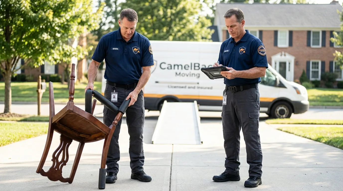 Movers inspecting furniture for damage prevention before loading in Conrad, MT