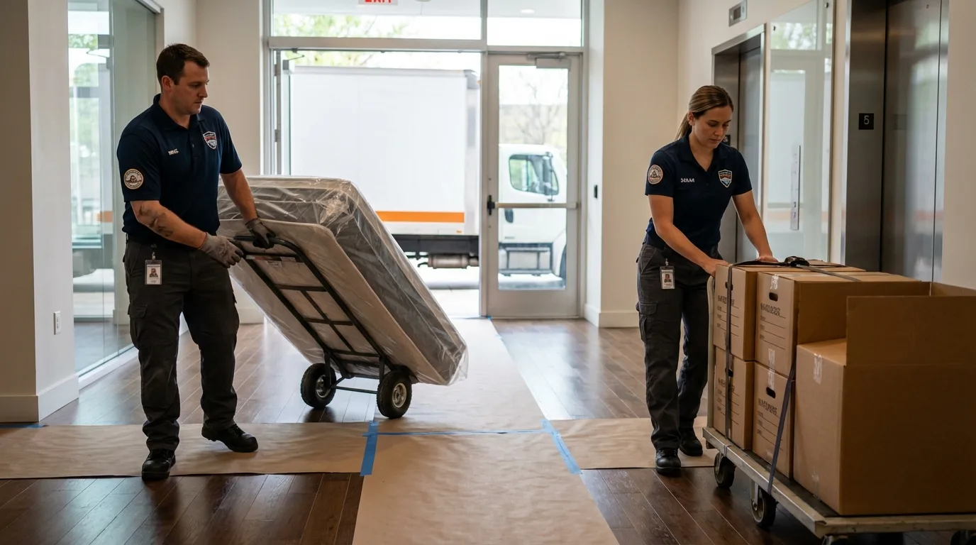 Professional apartment movers loading elevator in Conrad, MT