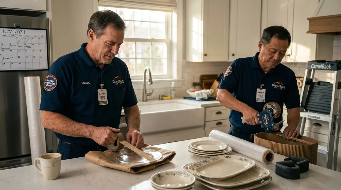 Professional crew packing kitchen dishware in Conrad, MT